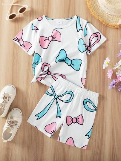 Girls Colorful Bow Print T-Shirt & Shorts Set – White 🎀